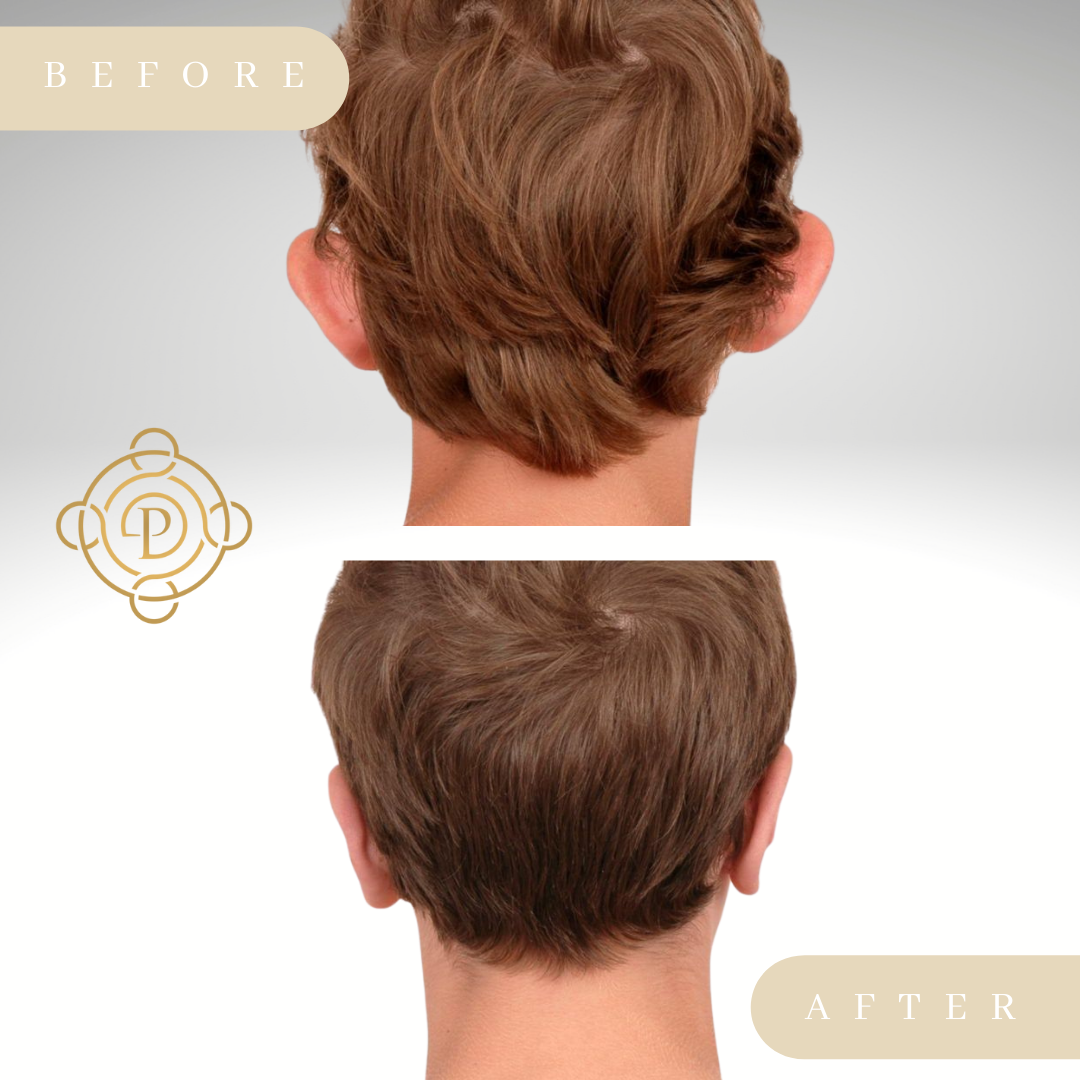 Back view of a teenage boy before and after otoplasty.