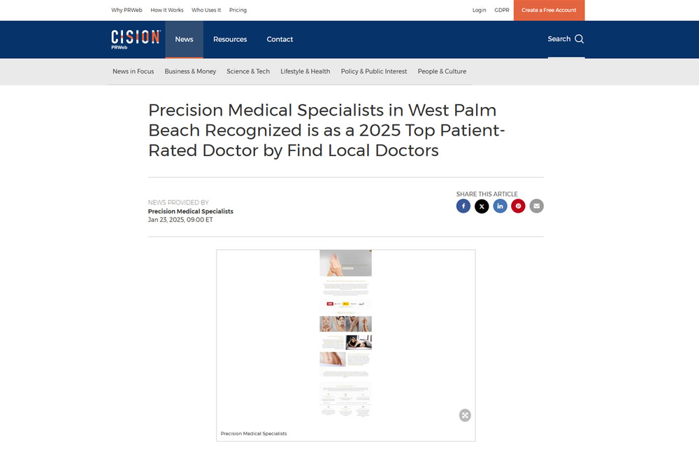 screenshot of press article titled: Precision Medical Specialists in West Palm Beach Recognized is as a 2025 Top Patient-Rated Doctor by Find Local Doctors