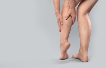 Woman suffering from varicose veins on grey background, closeup. Space for text